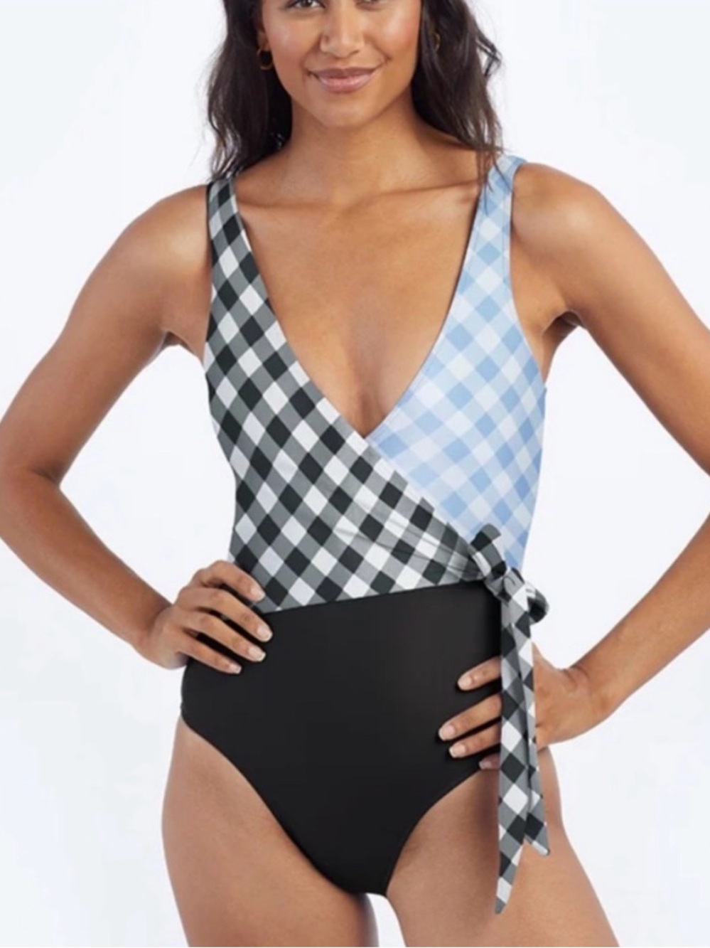 summersalt Black & Light Blue Gingham Wrap One-Piece Swimsuit with Side Tie